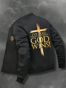 Men's Christian Faith Jacket, Fitted Full Zip Long Sleeve Bible Verse Inspirational Coat, Religious Motif, Geometric Pattern, Casual Winter Wear, /gold Letters
