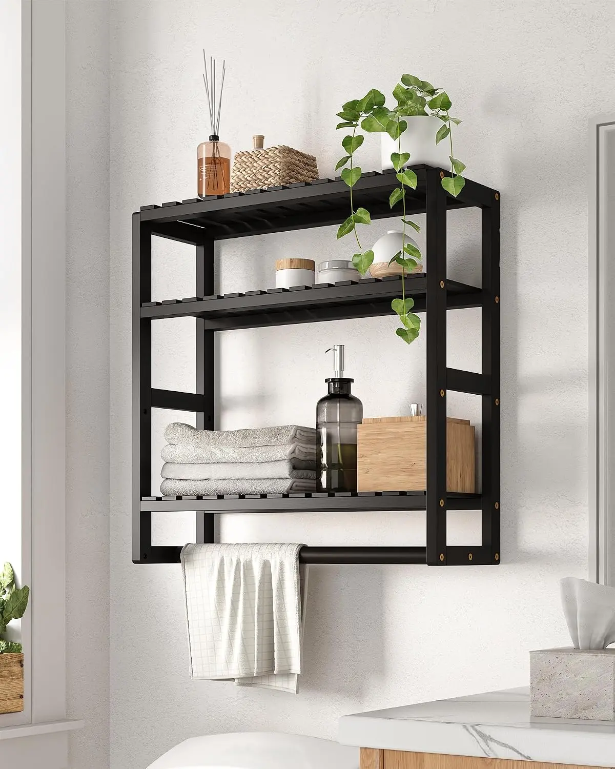 Galood Bathroom Shelves Towel Racks Over Toilet Storage with Bar (Inky) | 3 Tier Floating Wall Mounted Space Saving Bamboo Paper Holder for Bathroom Laundry Room Kitchen Organizers Brand: Galood