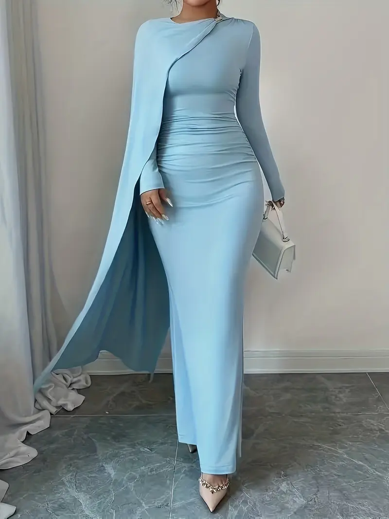 long dress dusty blue Dusty Blue Chiffon Gown with Back Bow Tie Detail main image 0