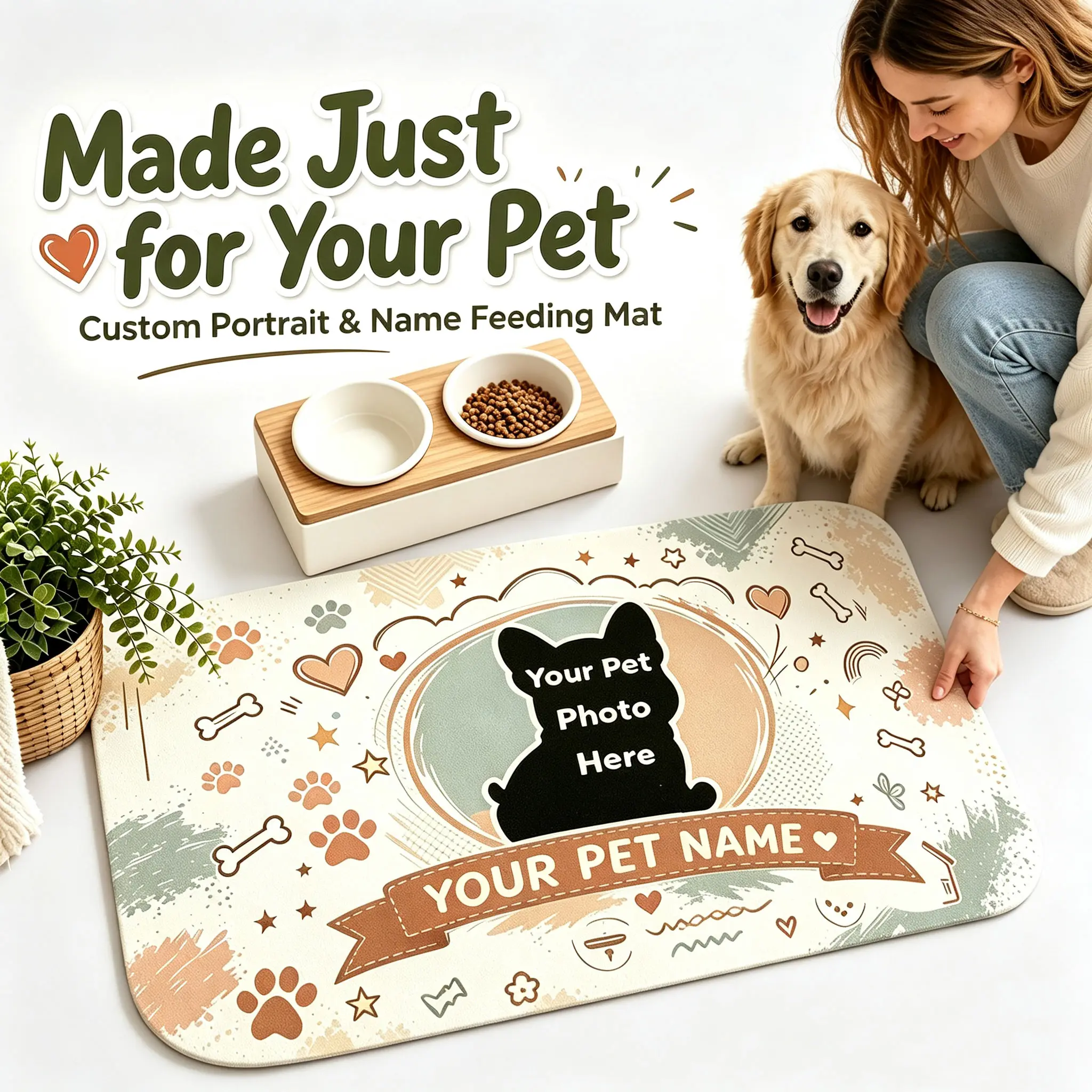 Personalized Custom Pet Feeding Mat with Photo & Name — Send Pet Picture & Name via Message, Absorbent Non-Slip Rubber Back Quick Dry Diatomite Dog Cat Food Water Bowl Mat, Floor Protection Pet Placemat, 3 Sizes -- raised kitten bottle small feeder