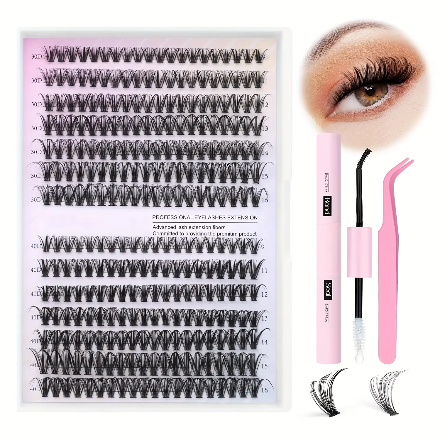 Natural Look False Eyelashes Kit, 280pcs lashes clusters kit, 9-16mm 30D&40D Individual Lashes with Bond Seal Tweezers for Makeup - Eye Cosmetics,  DIY Volume Lash Extension Kit, curl lashes, Hybrid lash set, Hat lashes, Lash clusters spikes, Perfect Gift