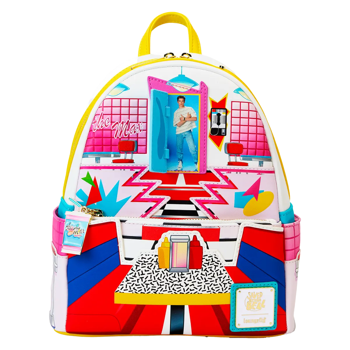 Saved by the Bell The Max Diner 90s Cartoon Character-Themed Graphic Backpack Purse, Vegan Leather Zipper Style with Printed Webbing, Adjustable Shoulder Strap, 1-Size School Backpack