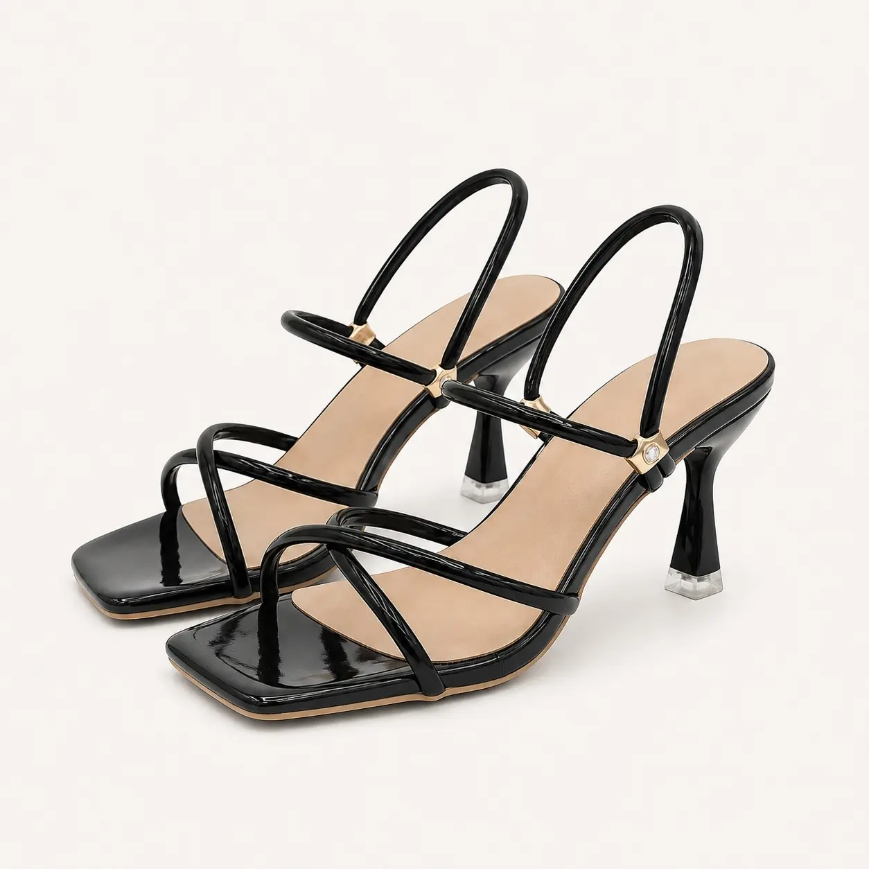 GeeYea women’s Black Strappy Slingback Heels, Square Toe Open Toe High Heel Sandals with Glossy PU Upper & PVC Sole, Elegant Shoes for Date Night, Party, Wedding Guest & Spring Summer Outfits