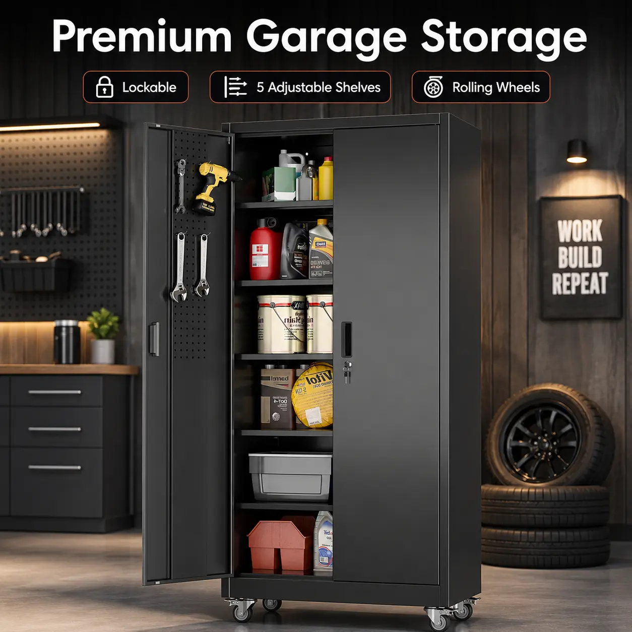 71" Metal Garage Storage Cabinet with Wheels, Heavy Duty Steel Tool Cabinet, Lockable Rolling Storage Organizer with Pegboard Doors, 5 Adjustable Shelves for Garage, Workshop, Home, Office, Pantry, Utility Room, Laundry Room, Black Furniture Organization