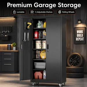 71" Metal Garage Storage Cabinet with Wheels, Heavy Duty Steel Tool Cabinet, Lockable Rolling Storage Organizer with Pegboard Doors, 5 Adjustable Shelves for Garage, Workshop, Home, Office, Pantry, Utility Room, Laundry Room, Black