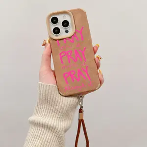 Lanyard Luxury Matte Lambskin Faux Leather Phone Case for iPhone 15 Plus 16 Pro Max 14 13 12 11 XS XR Just Pray Pattern Drop Protection Shockproof Soft Silicone smartphone Cover