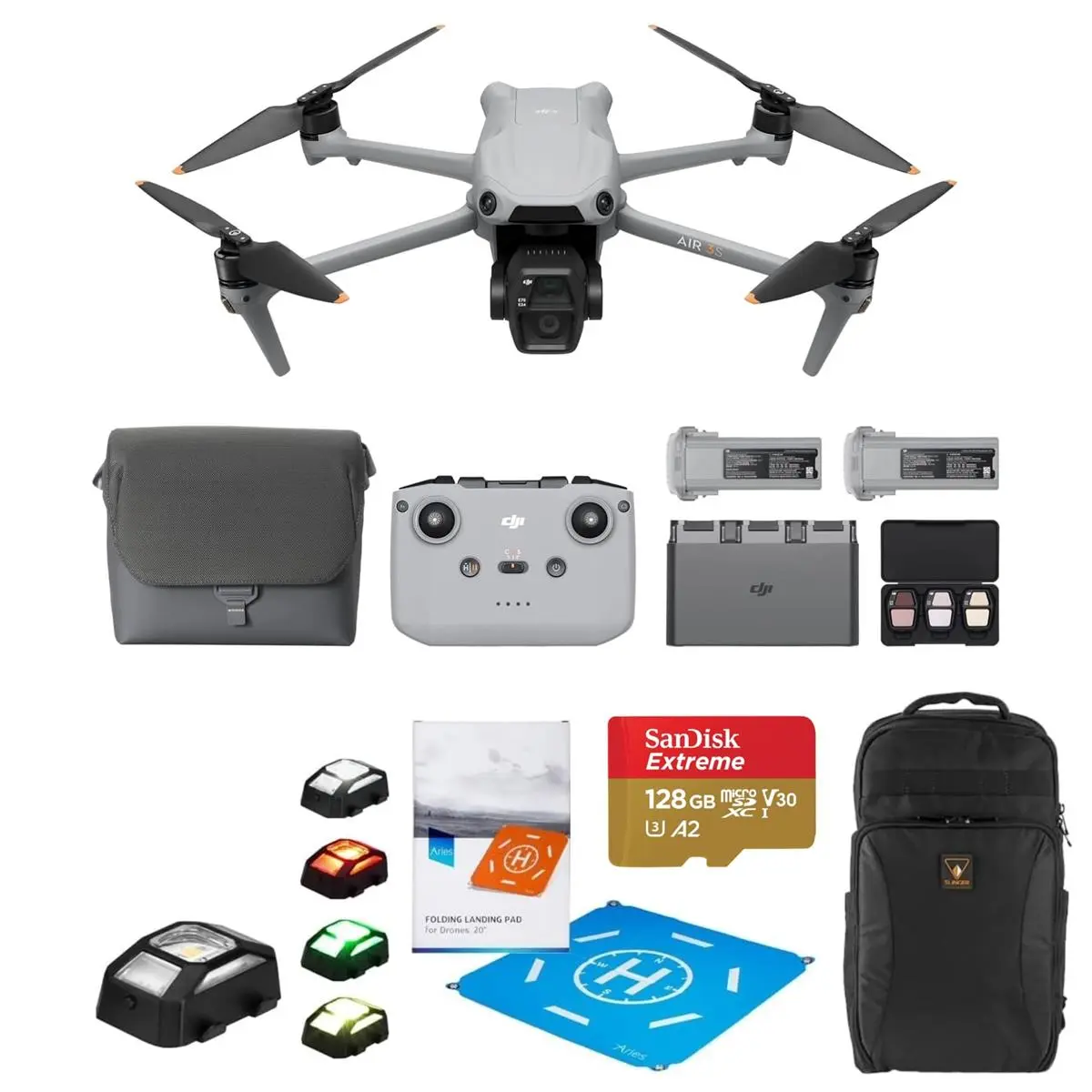 DJI Air 3S Compact Drone Fly More Combo with RC-N3 Remote Controller, 128GB Memory Card, Strobe Lights, Landing Pad Pro, Backpack, Recording Lens & Accessories