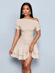 Women's Summer Casual Plain Color Ruffles Dress, Elegant Slim-Fitting Design, Perfect for Daily Wear & Special Occasions