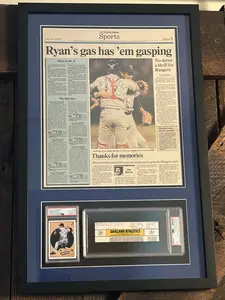 Framed Nolan Ryan No Hitter Ticket PSA 10 Auto 1991 U.D. w/ Newspaper 6/11/1990