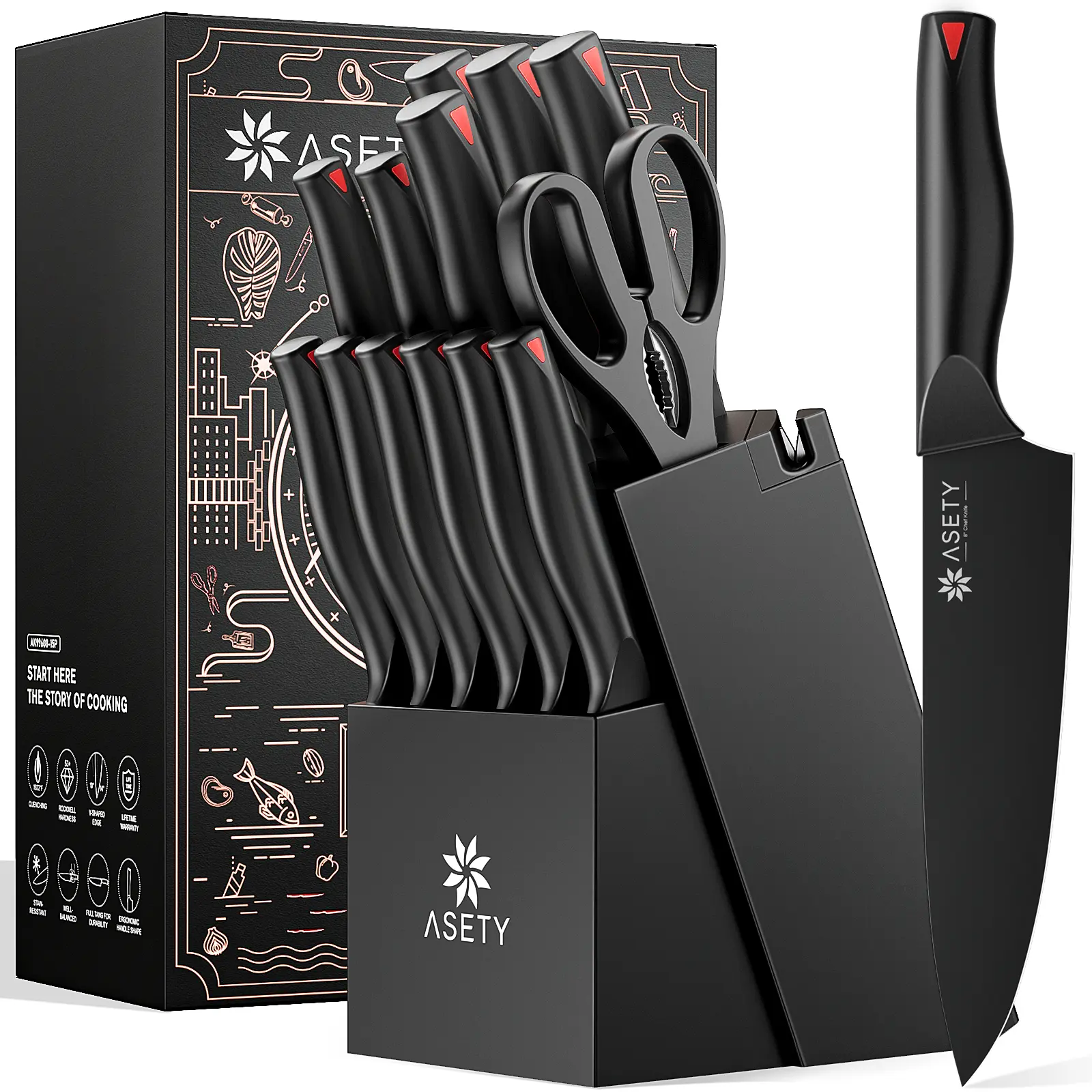 ASETY 15-PCS Modern Kitchenware Cutting Tool Set with Built-in Sharpener Block, High Carbon Stainless Steel Blades, NSF Food Safe, Dishwasher Safe, Professional Steak & Meat Tools, Gift-Ready for Guys