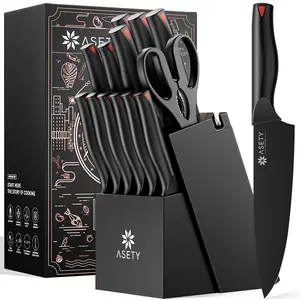 ASETY Knife Set with Block, 15 PCS Kitchen knife Set with Bulti-in Sharpener Block, High Carbon Stainless Steel Sharp Knives Block Set NSF Food Safe Dishwasher Safe Knife for professional kitchen knives Steak meat boning knives mystery box gifts for men