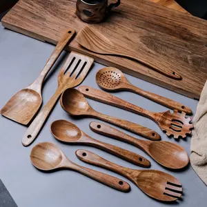 5-10 Piece Wooden Cooking Spoons Set, Natural Wood Kitchen Utensils, Essential Kitchen Tool Kit, Practical Multi-Functional, Perfect Gift Set