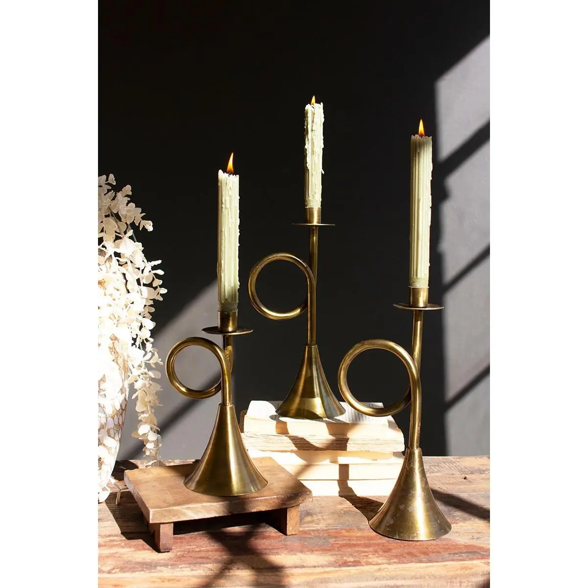 Set Of Three Antique Brass Trumpet Taper Candle Holders