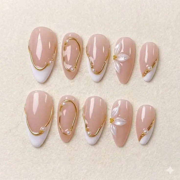 Luxury Bridal Press-on Nails, Elegant 3D Shell Flower Pearl Decor for Wedding Nail Art