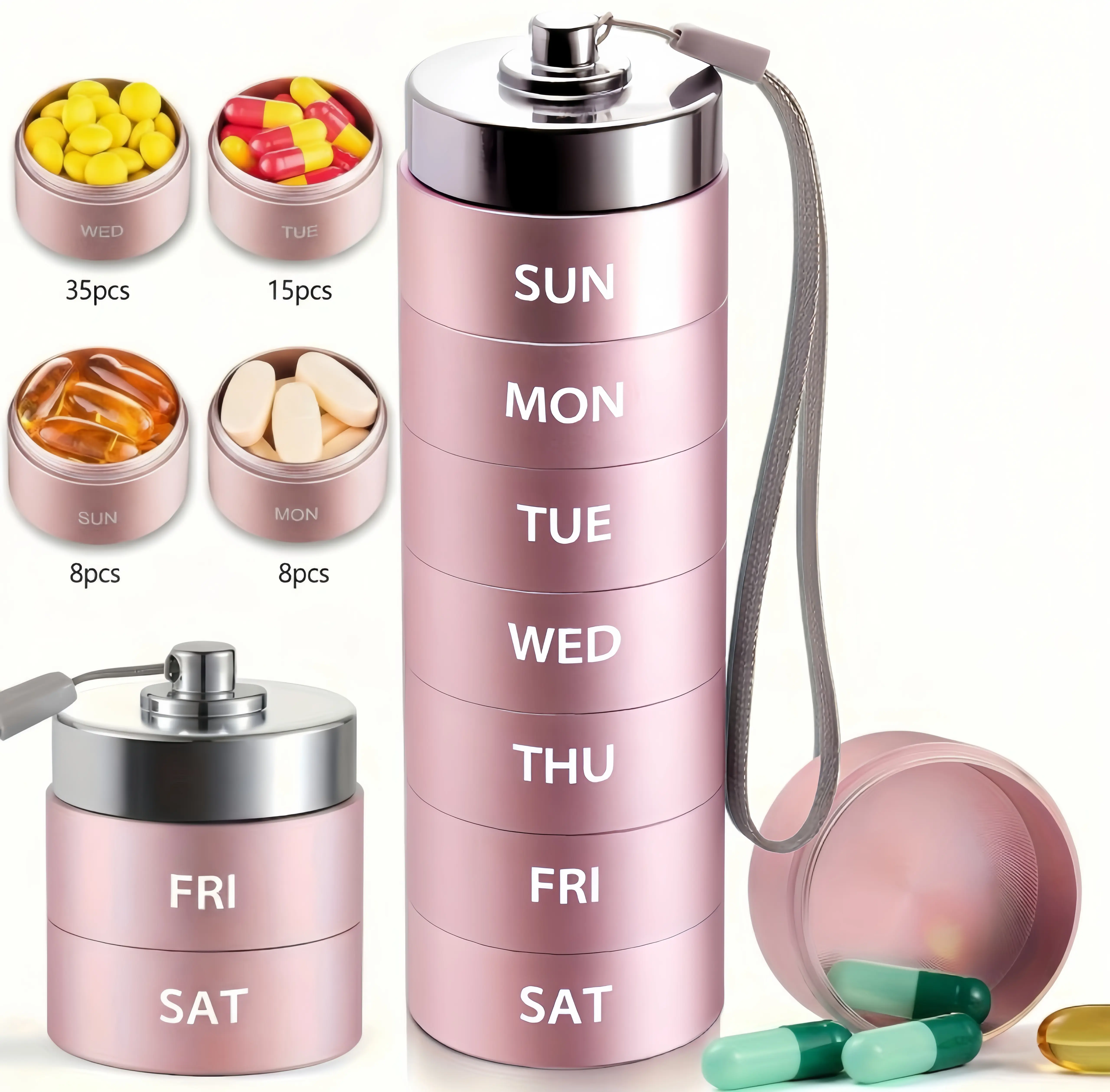 【Summer Travel Essentials】Large Capacity Pill Organizer, Extra Deep 7 Day Stackable Metal Pill Box for Fish Oil, Large Capsules, Vitamins and Daily Supplements, Portable Travel Case