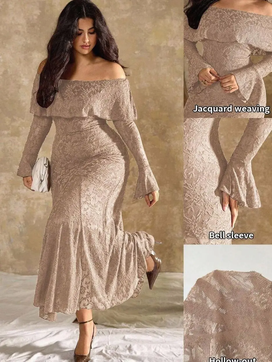 🌸 Plus Size Women's Peony Floral Dress Set, Elegant Off Shoulder Fishtail Dress For Weddings, Formal Events And Autumn Style.