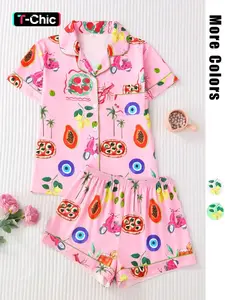 Women's Fruit Print Shirt & Elastic Waist Shorts Pyjama Two-piece Set, Casual Comfy Short Sleeve Top & Shorts PJ Set, Matching PJ Set, Ladies Sleepwear for All Seasons, Shorts Pajama Set, Fruit Print Pajamas, Loungewear Pjs Set
