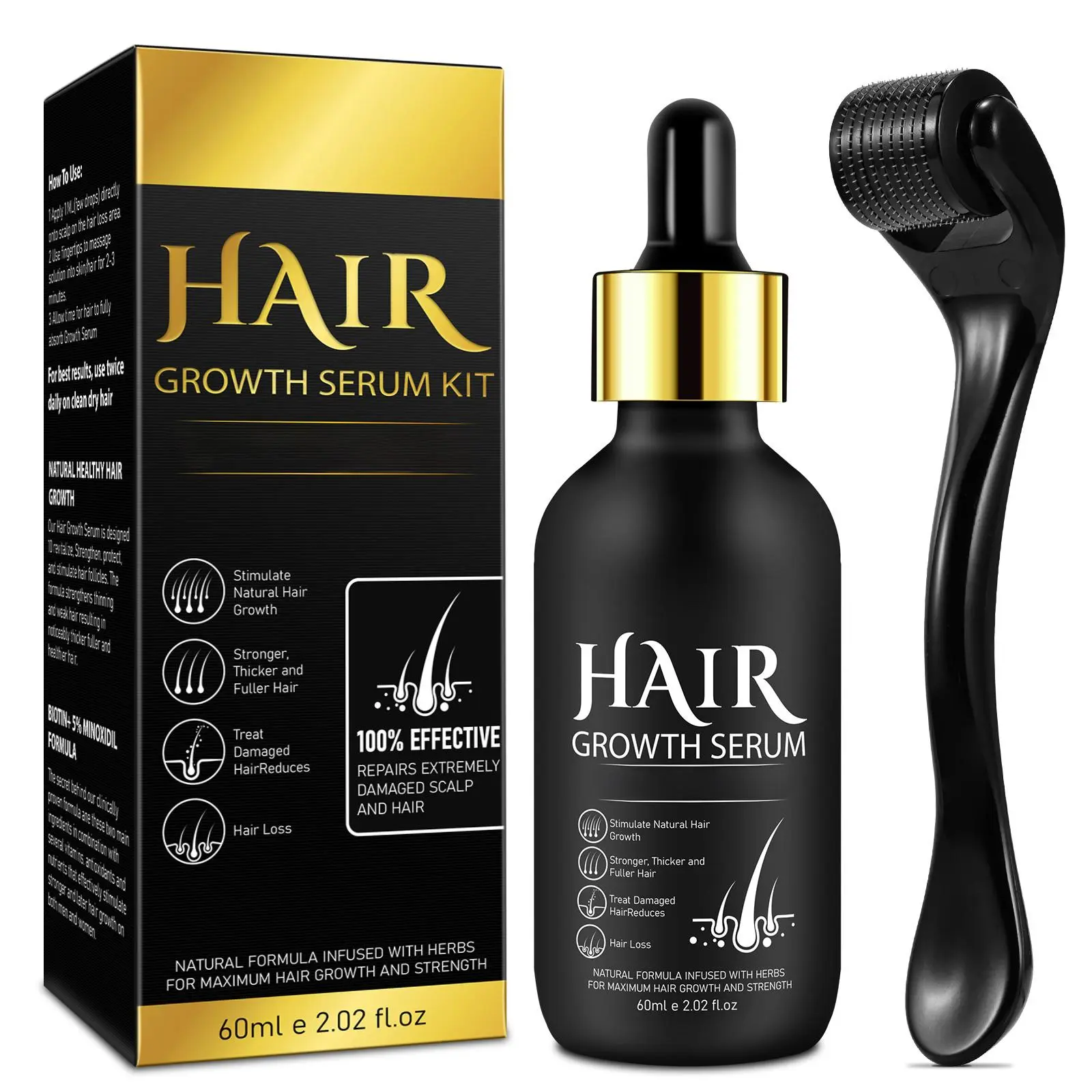 Men and Women with Derma Roller, Hair Growth Serum & Beard Growth Kit, Hair Regrowth Treatment for Thicker, Fuller Hair - Stop Scalp Hair Loss & Thinning - 2.02 oz