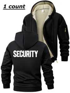 Security Letter Print Graphics Sherpa Fleece Lined Jacket for Men, Fall Winter Warm Thick Thermal Plush Outwear Outfits Tops, Casual Fitted Cozy Hooded Long Sleeves Sweatshirt Coat, Kangaroo Pocket Design, Zipper Pocket Sleeve, Fleece Sweatshirts