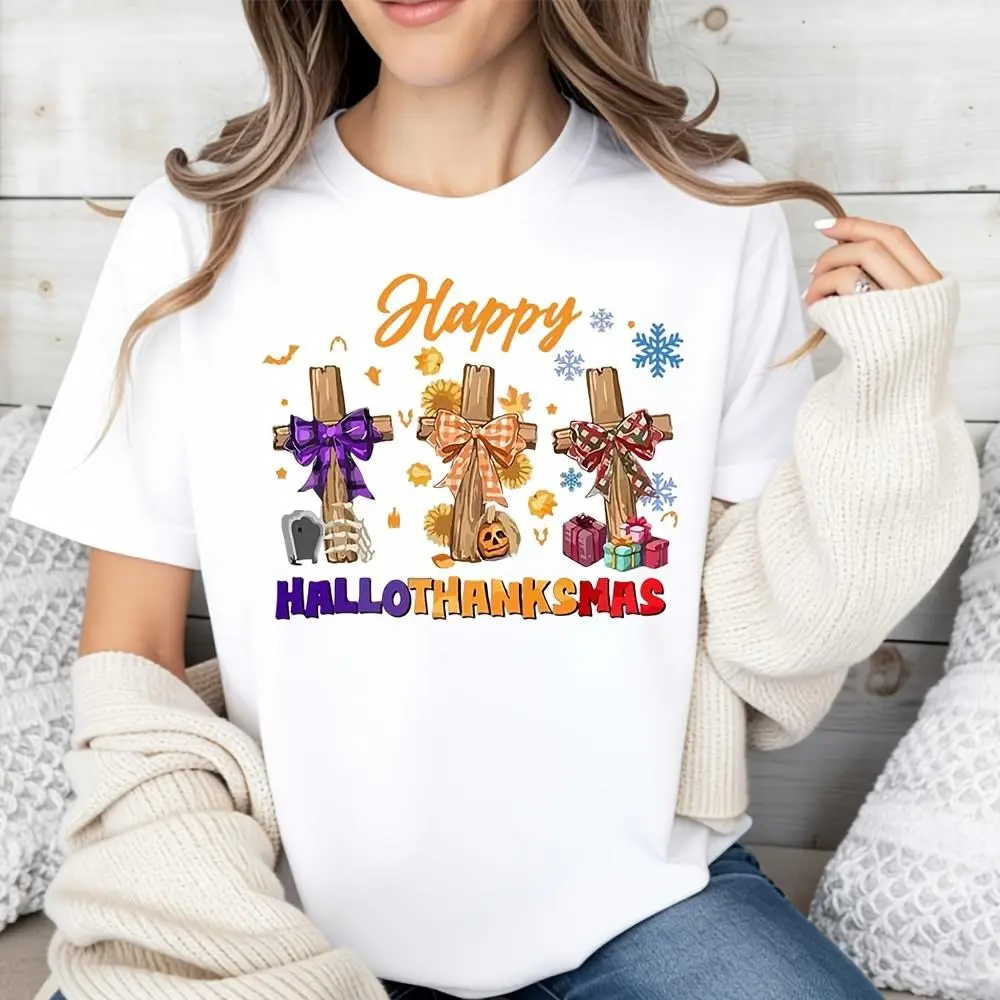 Happy Hallonthanksmas Cross Print T-Shirt, Halloween Thanksgiving Christmas Holiday Fusion Design, Casual Autumn Winter Festival Wear