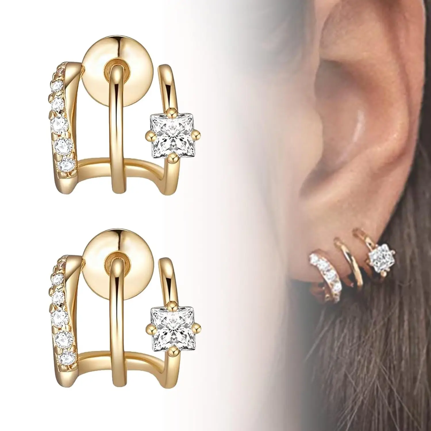 Women's 14K Gold Plated Triple Huggie Illusion Stud Earrings - 1-Hole Wrap Huggie Earring Pack, Stylish Costume Jewelry Accessories for Halloween, Stylish Accessories