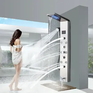 Stainless Steel Shower Panel Tower System 5-Function Faucet LED Rainfall Waterfall Shower Head with Handheld Shower,Bathroom Shower Column Massage Body Jets & Tub Spout,Black,Brushed Nickel,Brushed Gold