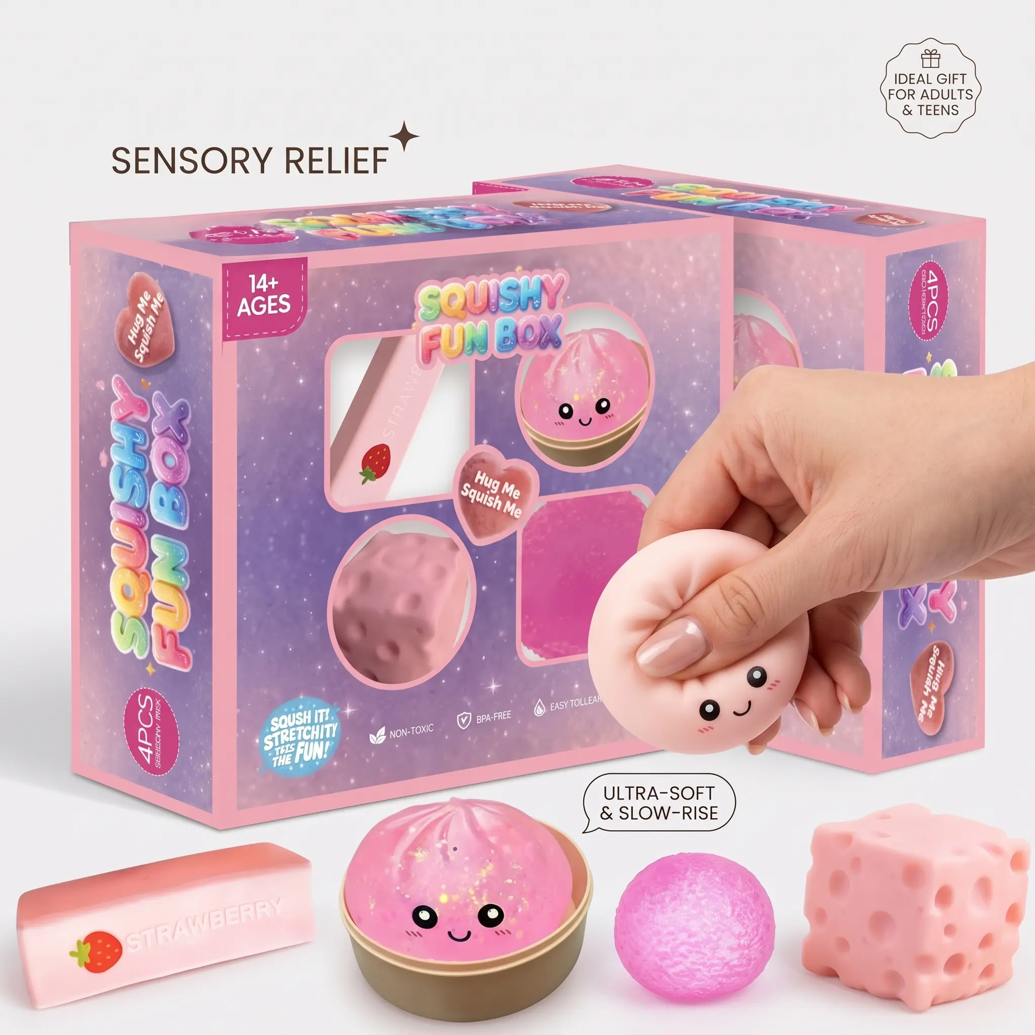 4-Pack Silicone Squishy Stress Relief Fidget Toys, Soft Slow & Fast Rebound, Assorted Styles, Ideal Gift for Kids
