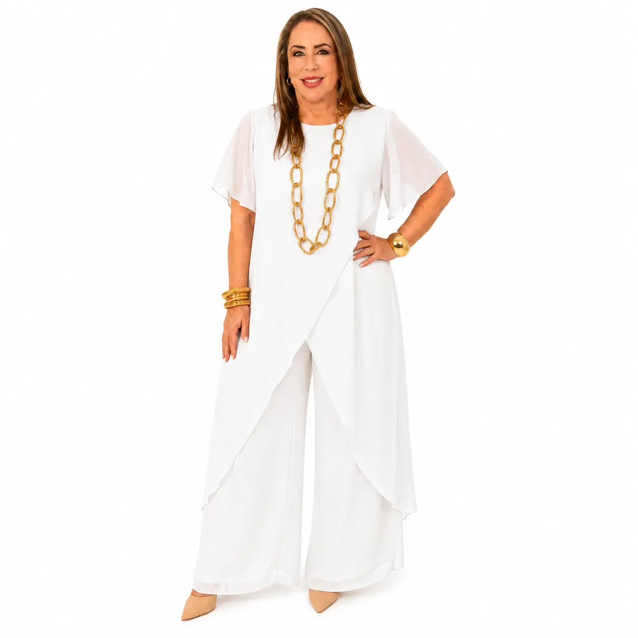 Women's 2-Piece Elegant Silk Pants & Top Set - Long Blouse and High-Waisted Pants (for Formal Occasions)