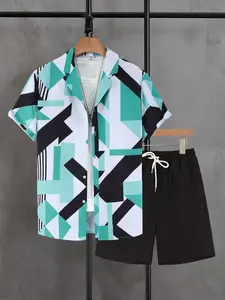 Men's Teal Geometric Print 2-Piece Outdoor Casual Set - Short Sleeve Camp Collar Shirt & Black Drawstring Shorts, Breathable Lightweight Fabric, Loose Fit for Hiking, Beach Days & Summer Outdoor Activities