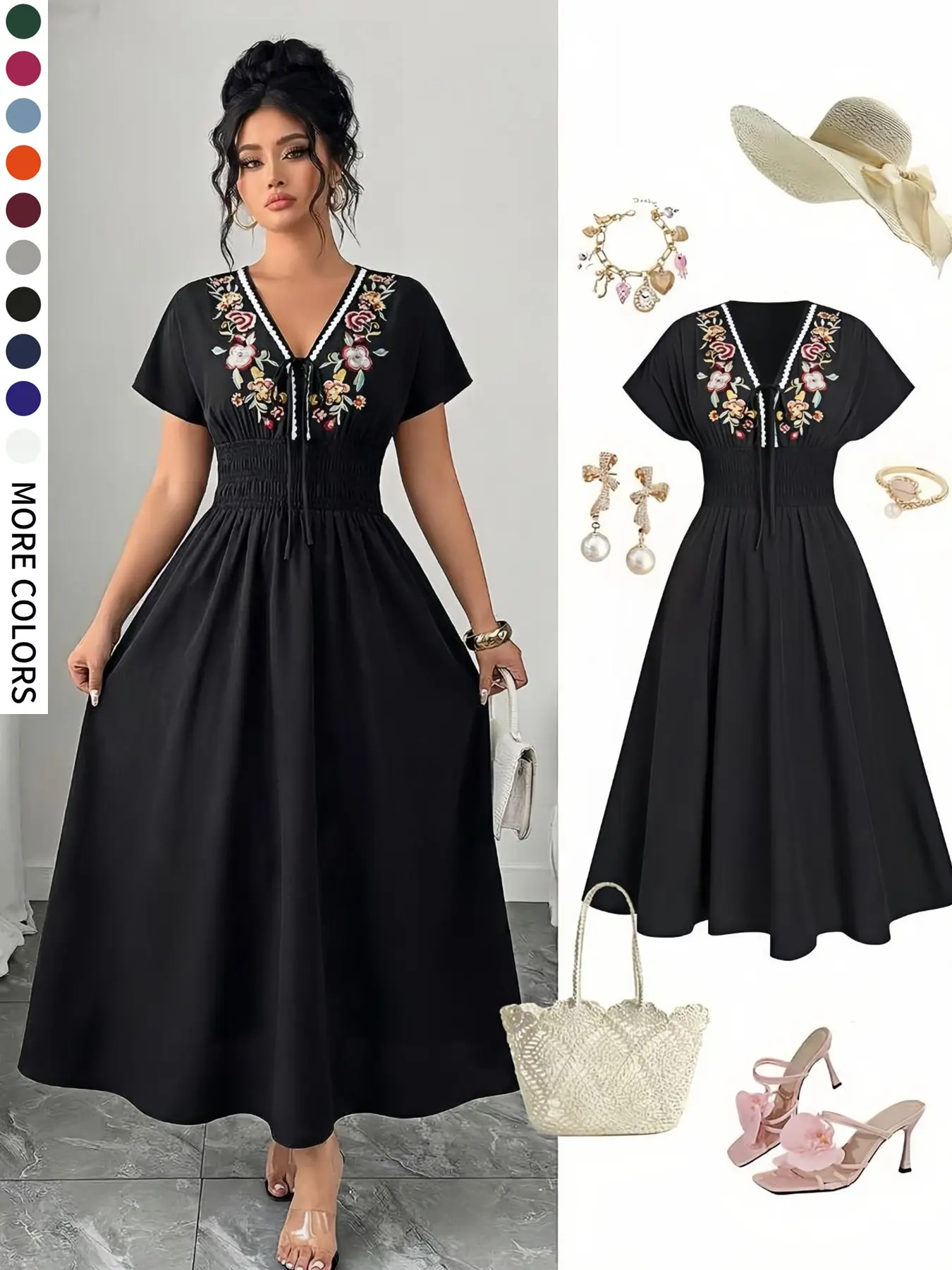Plus Size Women's Short Sleeve Floral Casual Dress, V Neck Tie Design, Elastic Waist, Chic Elegant Embroidery, Summer Vacation Wear, Boho Fashion Sundress