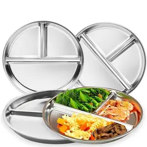Stainless Steel Round Divided Plate Tray, 3 Compartment Meal Plate, Weight Loss Plate, Portion Control Plate, Suitable for Outdoor Camping, Camping Kitchenware