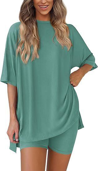 Women's 2-Piece Solid Color Lounge Set: Oversized Crewneck Half-Sleeve Tunic Top with Matching Biker Shorts - Plus Size Tracksuit