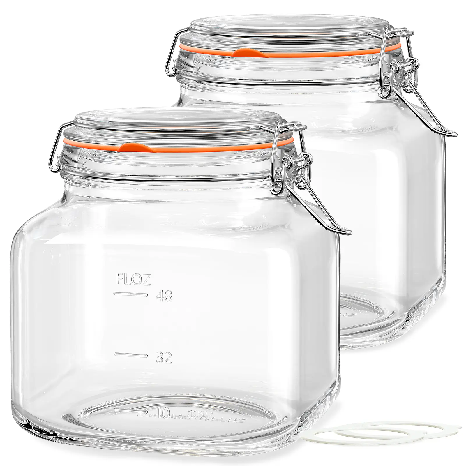 Sturdy 2-Pc Square Glass Food Storage Jars with Airtight Lids, 2 Scale Marks, 0.6 Gal Wide Mouth Containers for Flour, Cereal, Coffee
