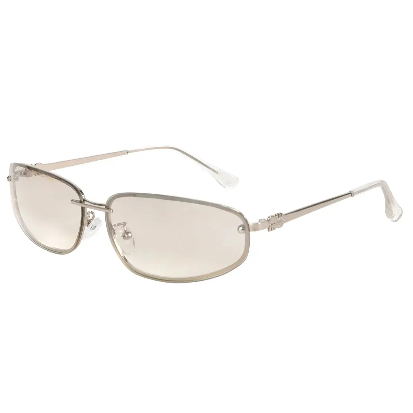 Y2K Slim Silver Metal Oval Sunglasses, Light Champagne Gradient UV400 Lens Retro Decor Hinge Thin Arm Women Street Sun Glasses