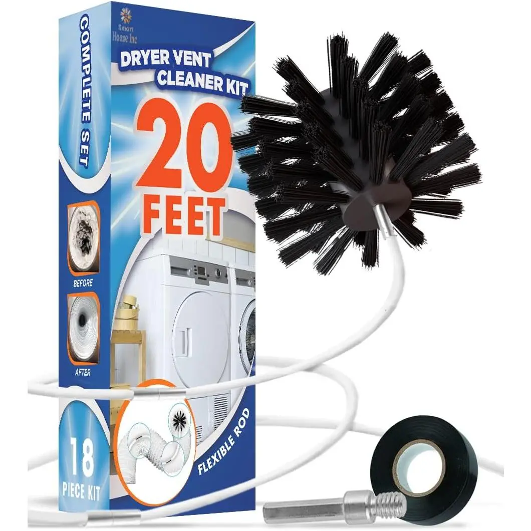 Professional Dryer Vent Cleaner Kit - 20-inch Innovative Lint Remover, Durable Nylon Flexible Rod, Extendable Brush with Drill Attachment for Fast Home Duct & Dryer Pipes Vent Cleaning, 30-Day Guarantee