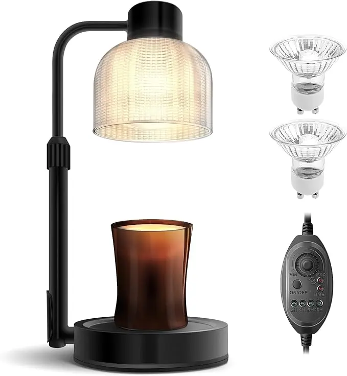 Vintage Eco-Friendly Metal Synthetic Candle Warmer Lamp - 24-Hour Timer, Dimmable Light (10%-100% Control), 2 Bulbs, Adjustable Height, Non-Slip Mat, UL Listed Flameless Jar Fragrance Melter for Home Decor, Indoor Use