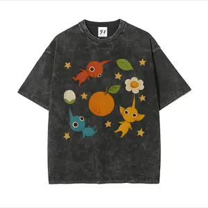 Cute Washed Pikmin Graphic Oversized Cotton T-Shirt, Comfort Retro Pikmin Tee, Star Orange Flower Print Outfit, Valentine's Day Gift for Game Fans, Fashion Casual Top