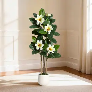 Artificial Fiddle Leaf Fig Tree with Magnolia Flowers - Realistic Faux Rubber Floor Plant - Decorative Indoor Greenery for Home, Office, Living Room