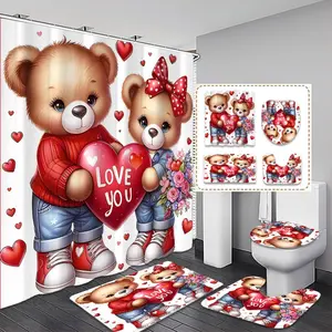 Cute Cartoon Couple Bear Bathroom Curtain Set, Shower Curtain Set, Love You Heart Pattern, Includes Toilet Lid Cover, Bath Mat, Hooks, Modern Home Decor, Bathroom Decoration Accessories, Bathroom Supplies, Bathroom Accessory