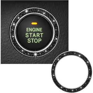 Bling Crystal Double Rhinestone Car Engine Start Decoration Ring, Sparkling Push Start Button Sticker, Key Ignition & Knob Ring Decoration, Bling Car Interior Accessory (Black)