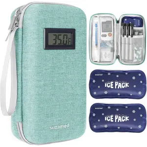 Insulin Cooler Travel Case,EVA Insulation Travel Medicine Kit with Temperature Display for Diabetes Care,Insulin Pen and Other Diabetic Supplies (Green-Temp)
