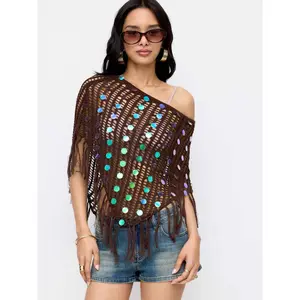 Cider Sequin Asymmetrical Neck Fringe Trim Fringe See-Through Top