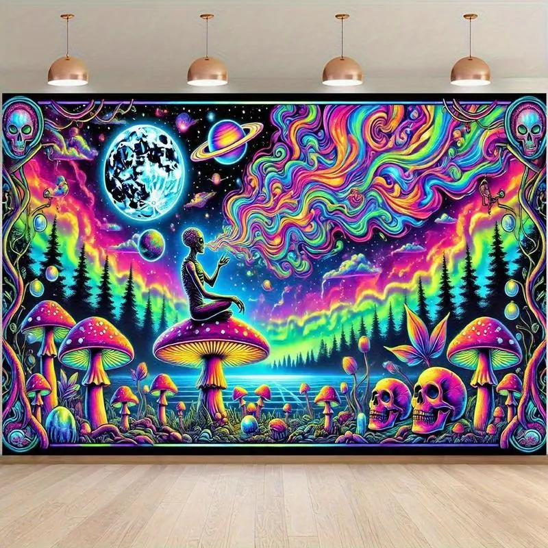 Psychedelic Space Tapestry - High-Quality Polyester Wall Decor with Vibrant Surreal Alien Landscape, Whimsical Mushrooms, Skulls & Starry Sky Pattern, Fantasy Aesthetic Cool Room Decor for Living Room, Bedroom Decoration Items, Polyester Fabric