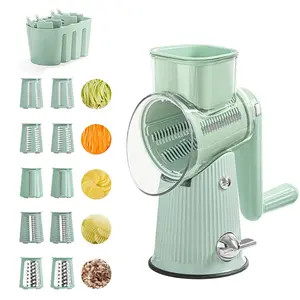 Rotary Cheese Grater with Handle, Kitchen Round Mandoline Vegetable Slicer with 1 Set 5in 1 Interchangeable Blades, Easy to Clean Rotary Grater Slicer with Strong-Hold Suction Cup Base for Fruit, Vegetables, Nuts, Kitchen Stuff, Kitchen Accessories