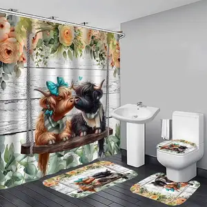 1/4pcs Kissing Cow and Rose Flower Pattern Shower Curtain Set, includes a shower curtain, toilet seat cover, rectangular mat, and U-shaped mat. Perfect for bathroom décor, beautifying the space. Comes with 12 shower curtain hooks. Bathroom Curtains