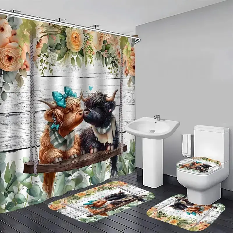 1/4pcs Kissing Cow and Rose Flower Pattern Shower Curtain Set, Printed shower curtain, toilet seat cover, rectangular mat, and U-shaped mat, Comes with 12 shower curtain hooks, Bathroom Curtains