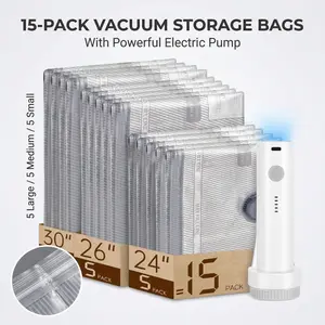 15 Pack Travel Vacuum Bags with Electric Pump，3 Different Sizes of Space Saver Bags,Vacuum Storage Bags Suitable for Clothing, Travel Luggage, Blankets, and Down comforters