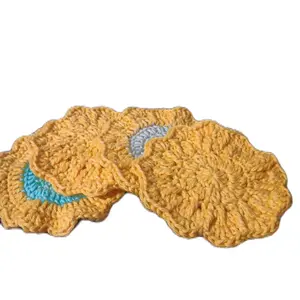 Crocheted Sunny Yellow with Blue Accents Coasters Handcrafted for Home Decor 100% Cotton Machine Washable Easy Maintenance