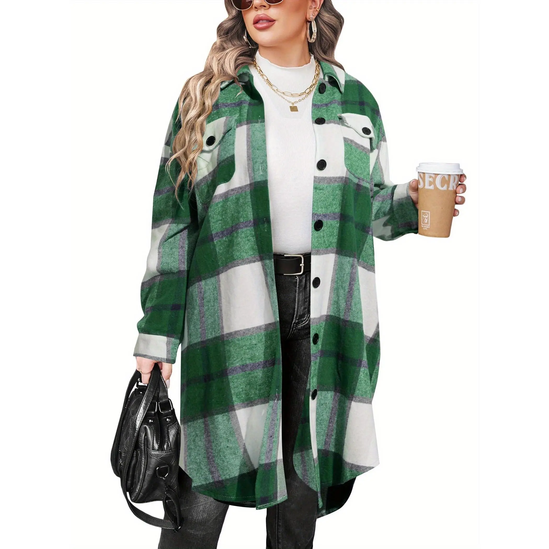Women's Plus Size Plaid Shirt Jacket, Casual Longline Boyfriend Style Button-Down Flannel with Pocket, Lady, Fabric, Polyester, Female