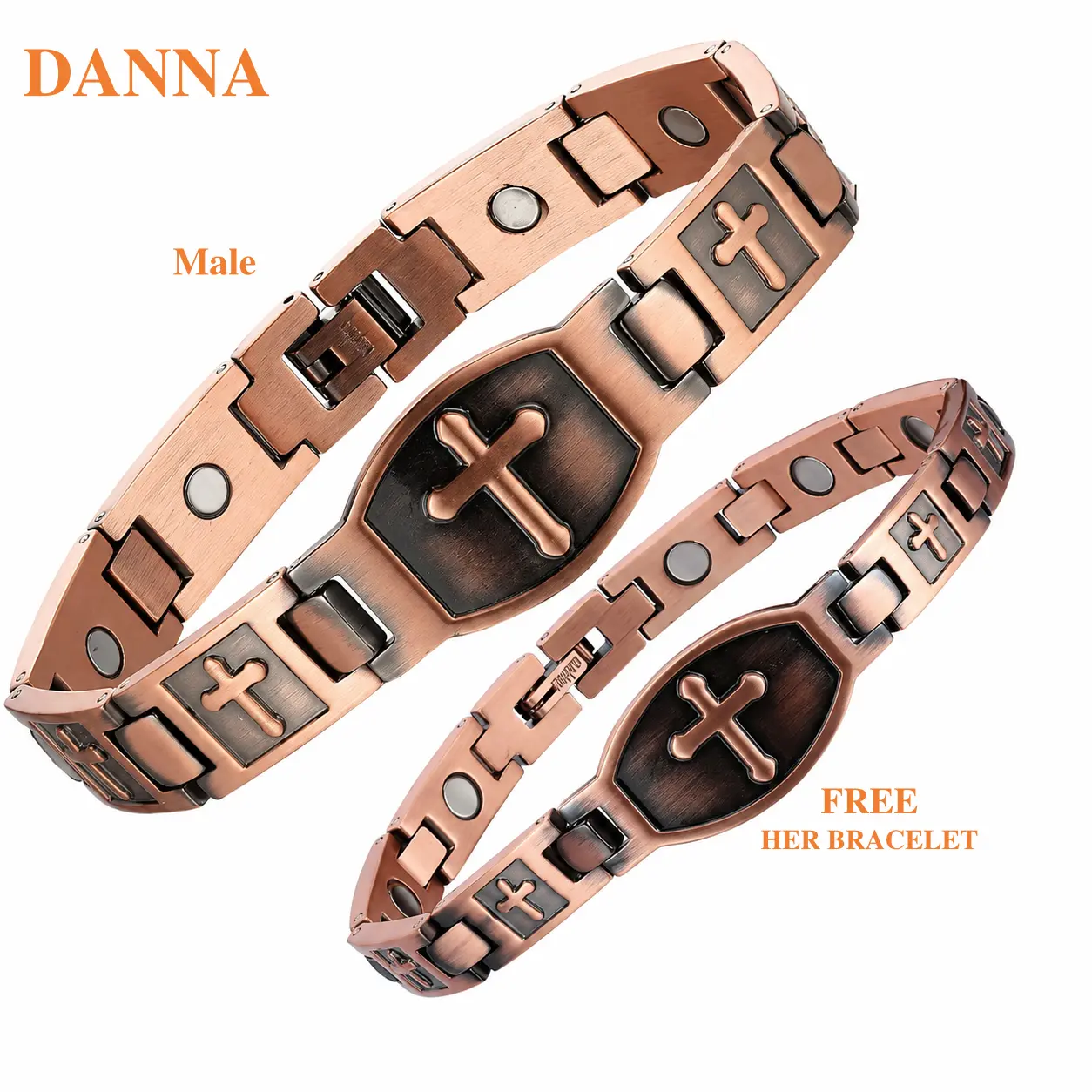 Religious Cross Emblem Jewelry Set - Buy 1 Get 1 Free His & Hers Faith-Inspired Magnetic Wellness Gift for Couples, Hypoallergenic, Cross Emblem Bracelets & Bangles, Copper Protection Bracelets & Bangles, Christian Cross Print Bracelets & Bangles